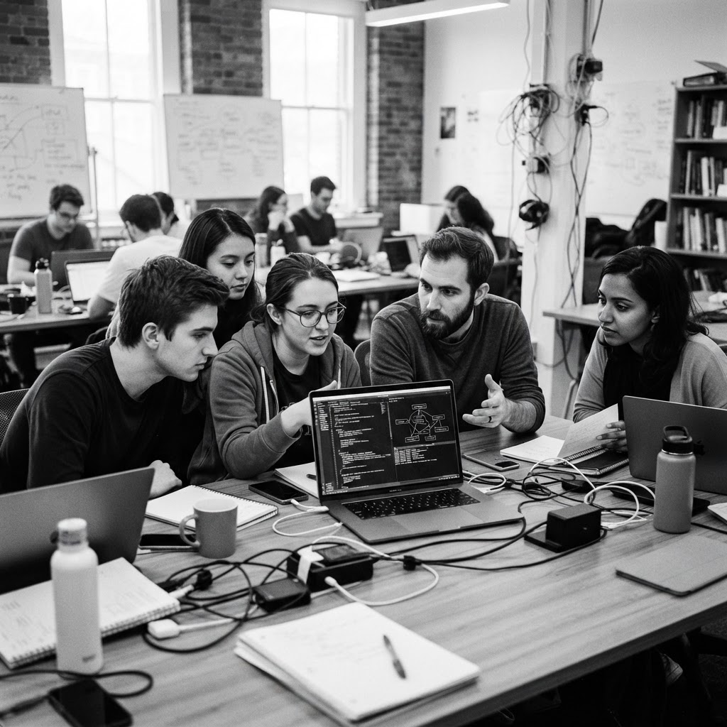 CodeIt students and mentors collaborating in a classroom